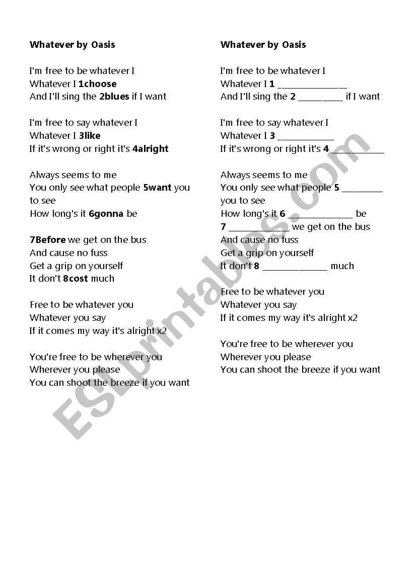 WHATEVER by OASIS worksheet