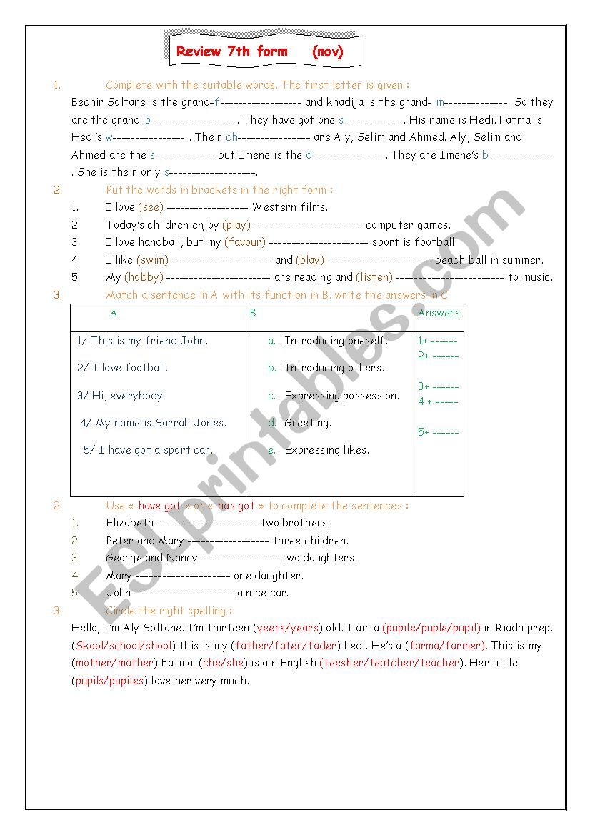  Revision 7th form (November) worksheet
