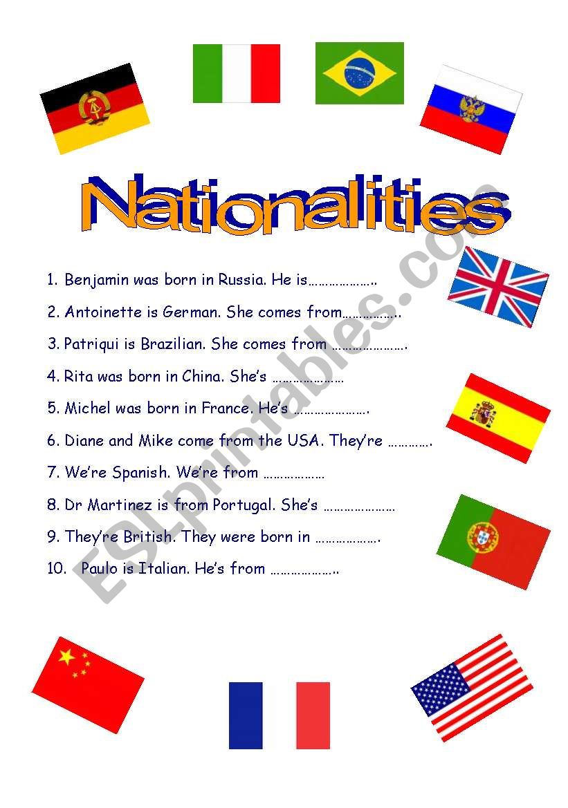 Nationalities worksheet