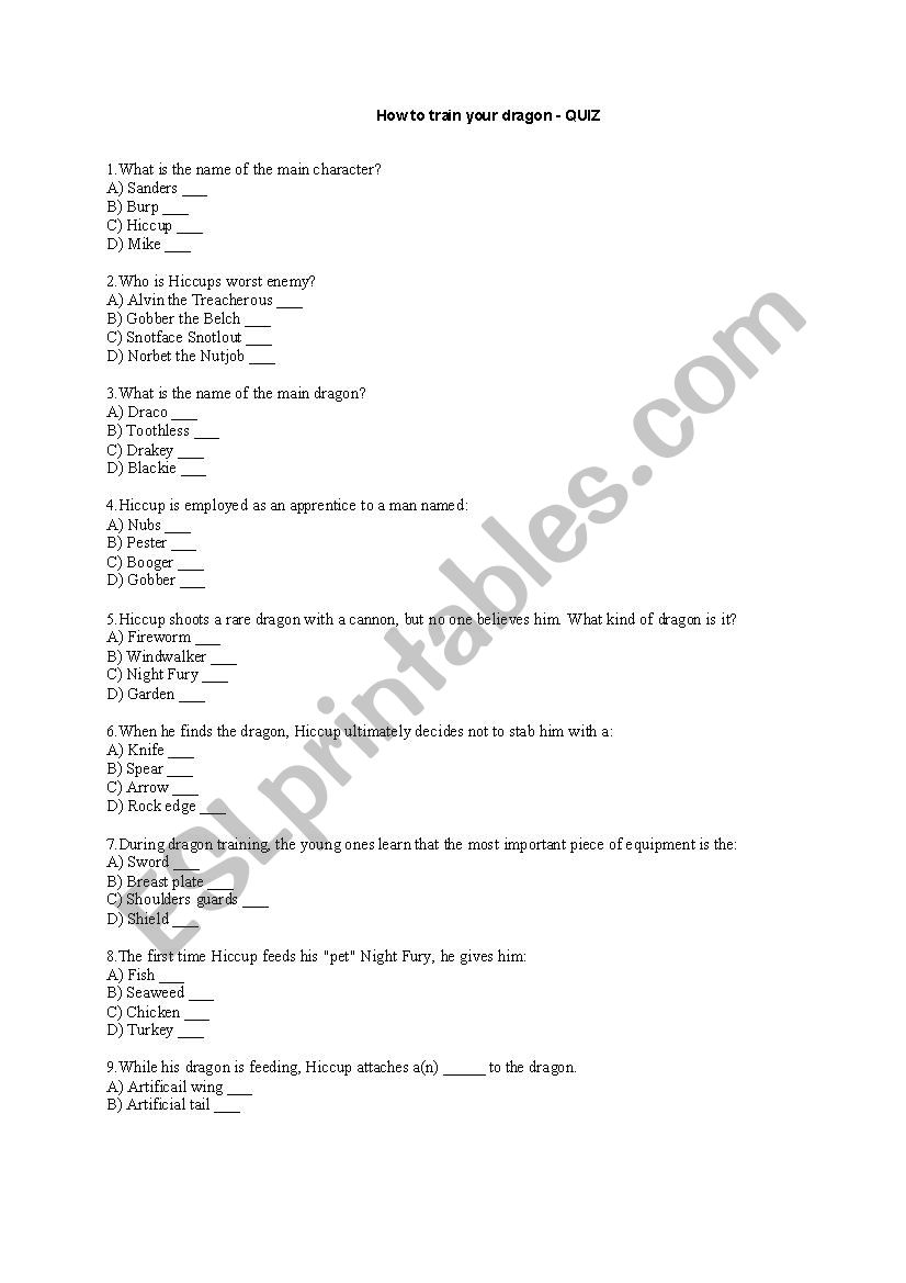 How to train your dragon quiz worksheet