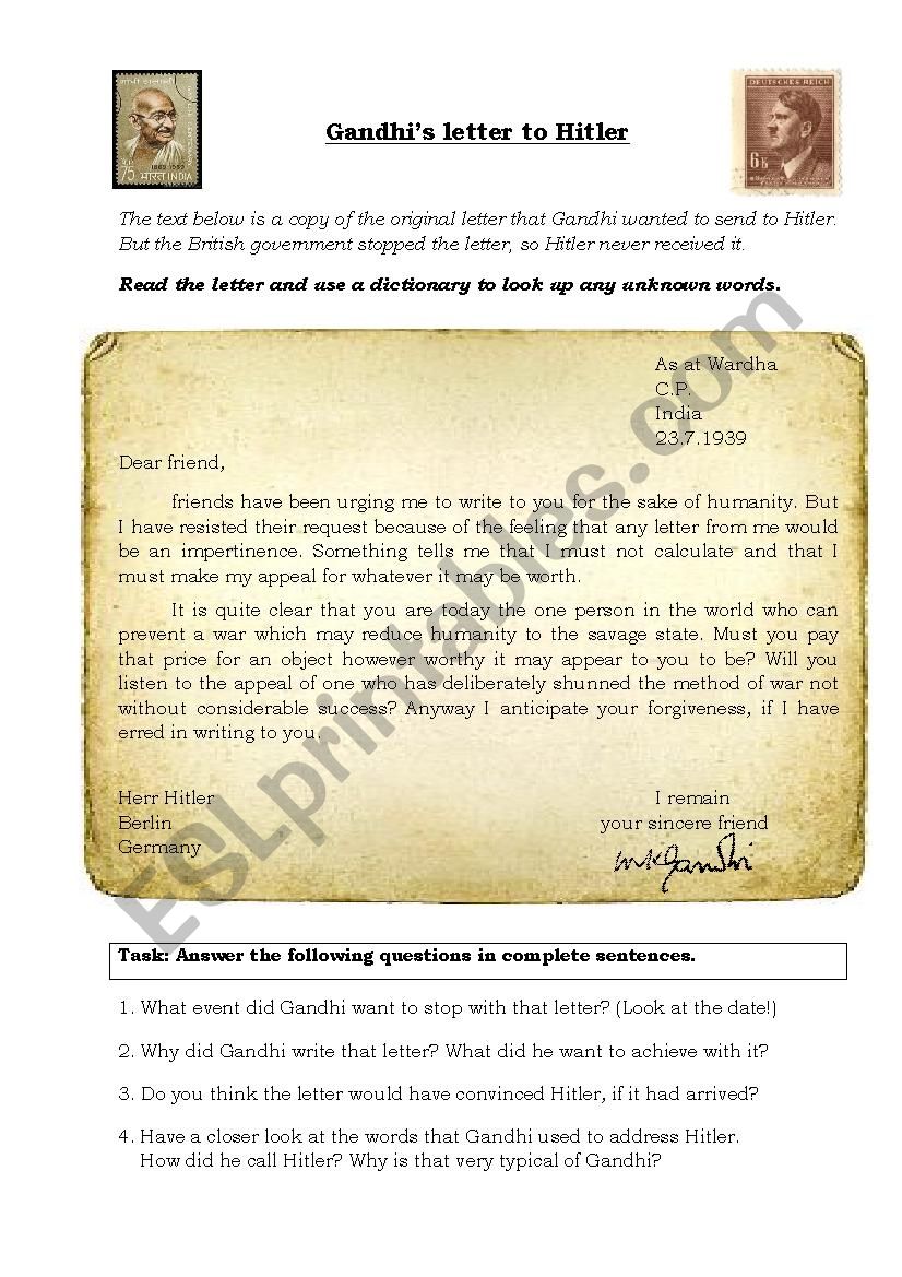 Ghandis letter to Hitler worksheet