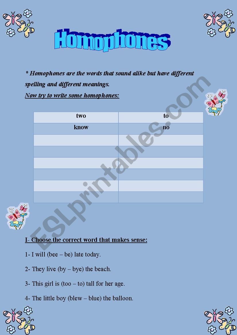 Homphones worksheet