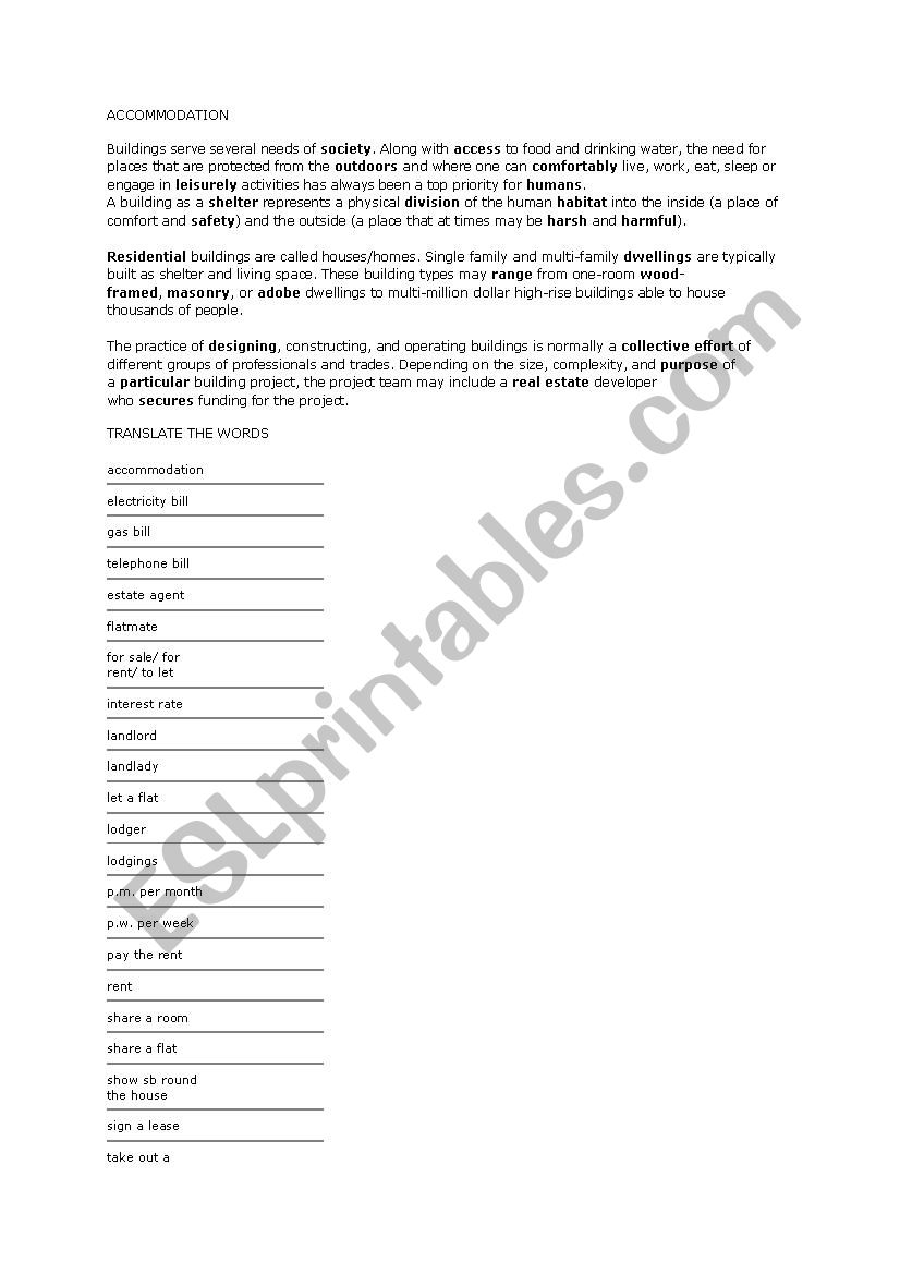 ACCOMODATION worksheet