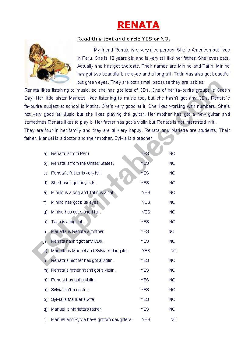 Reading comprehension text worksheet