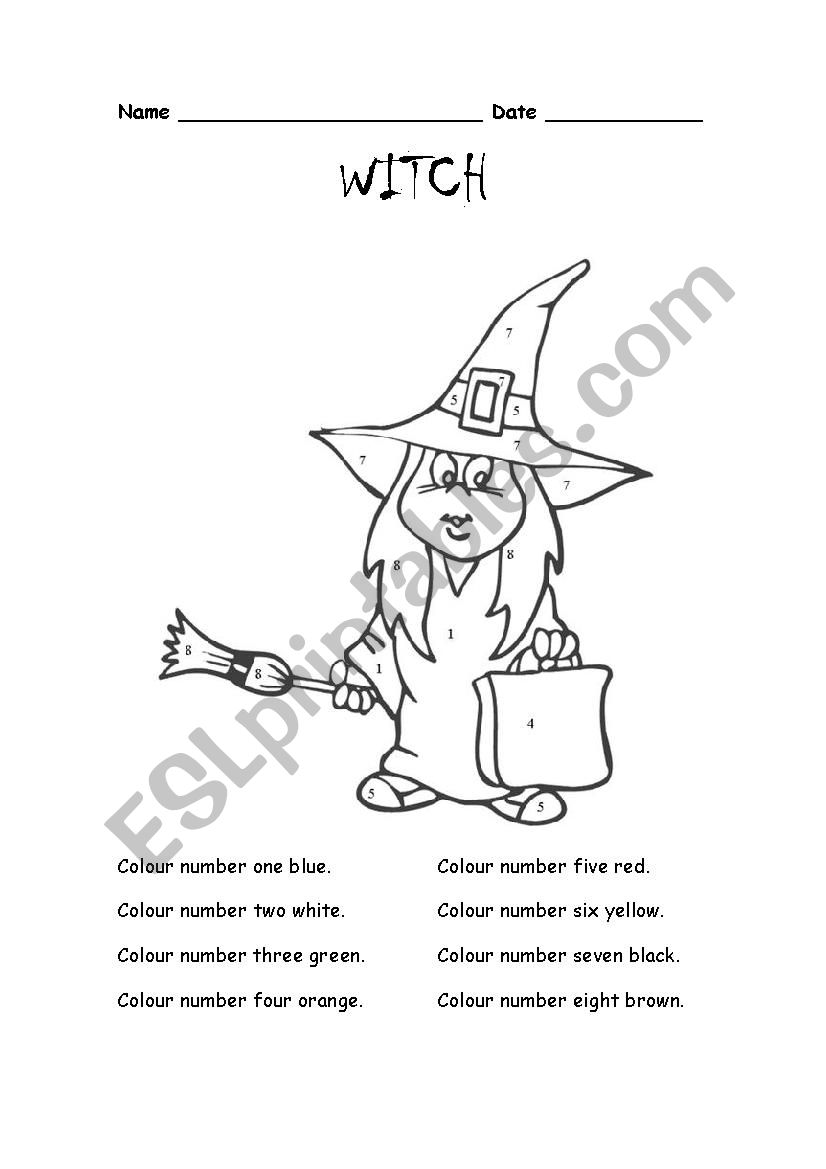 Colour the witch worksheet