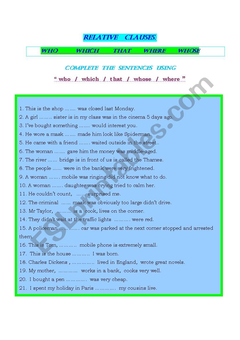 Relative clauses - exercises and explanations with key