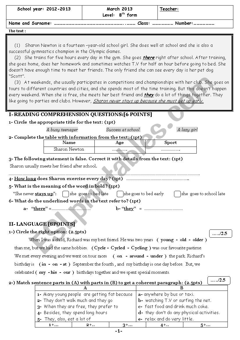 8th form test worksheet