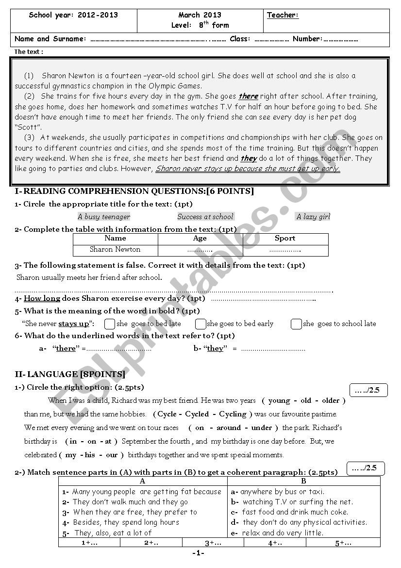 8th form test worksheet