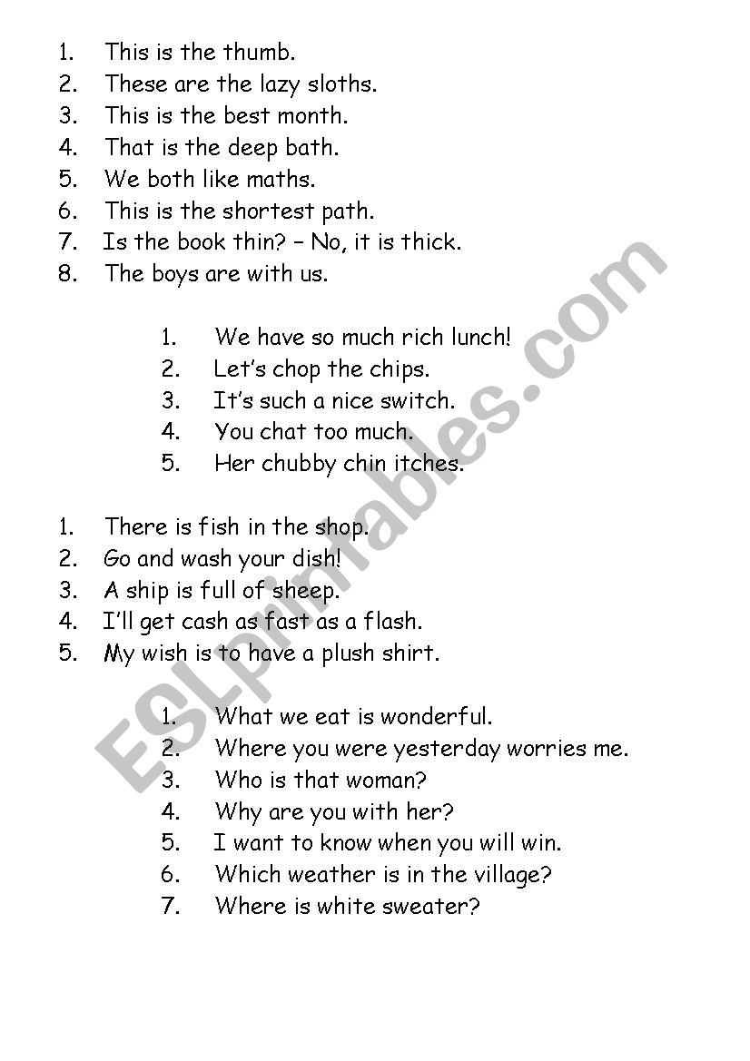 Phonetics TH, CH, SH, WH worksheet