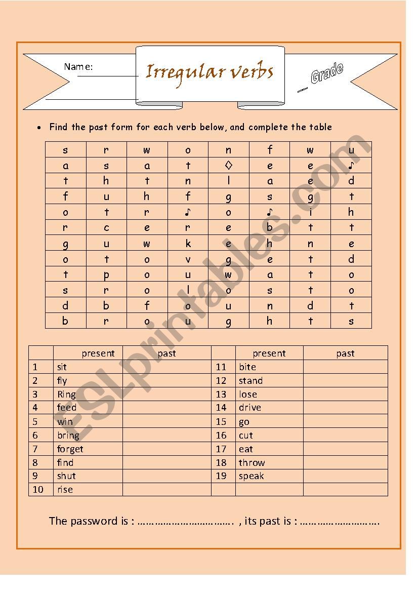 Irregular verbs word search worksheet