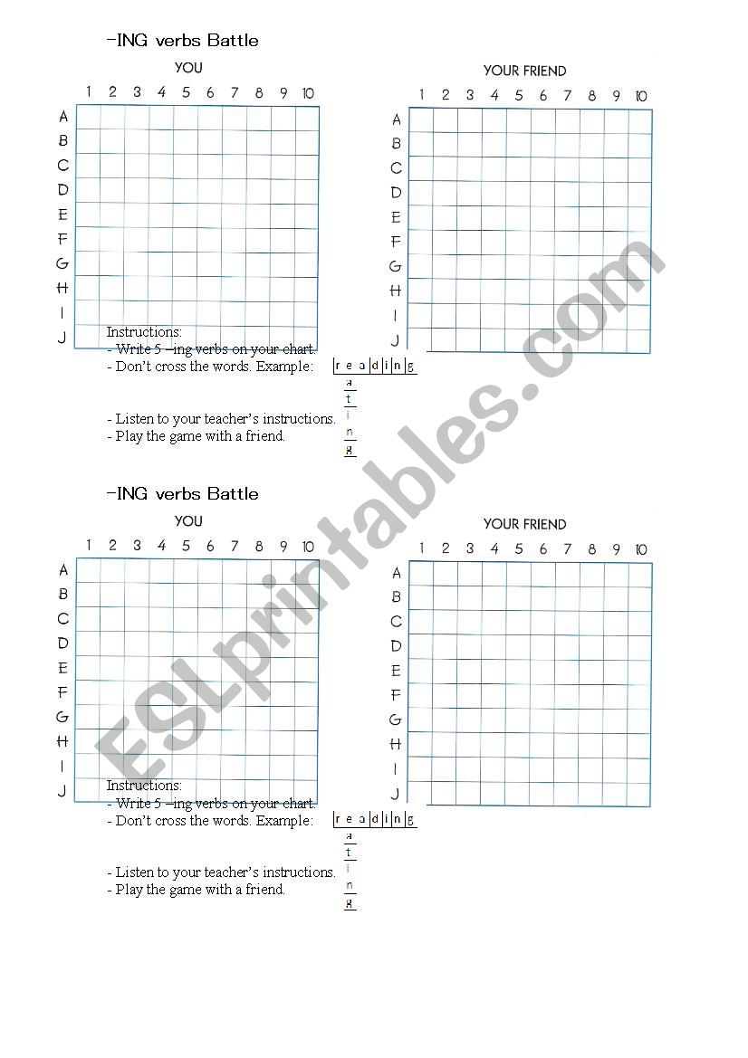 ING verbs battle worksheet