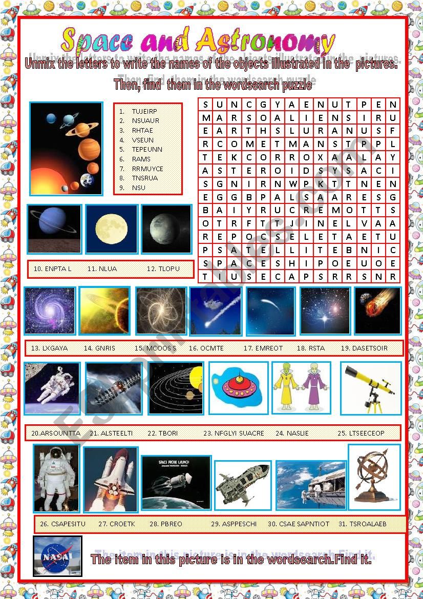 space and astronomy: wordsearch puzzle
