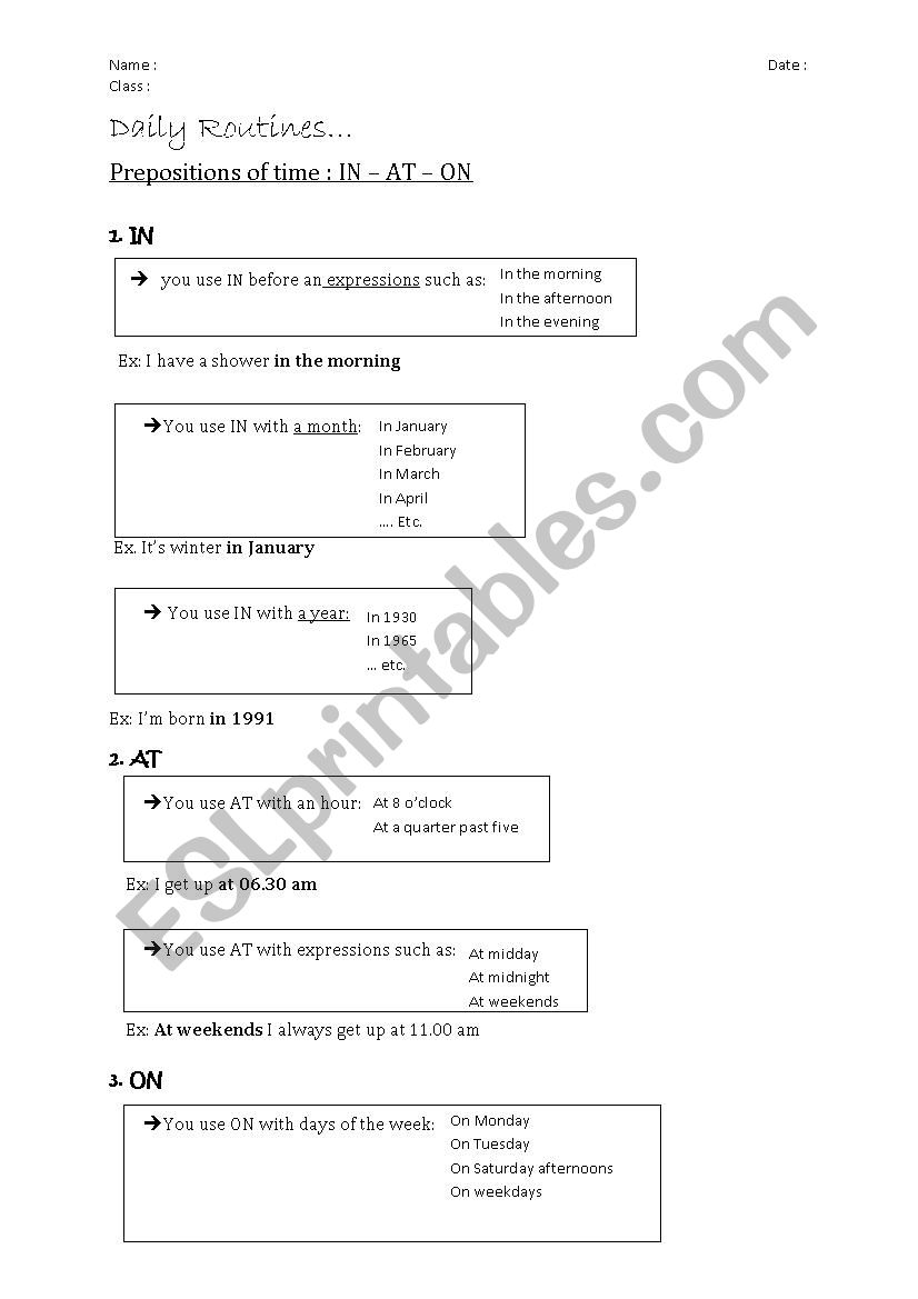 prepositions of time worksheet