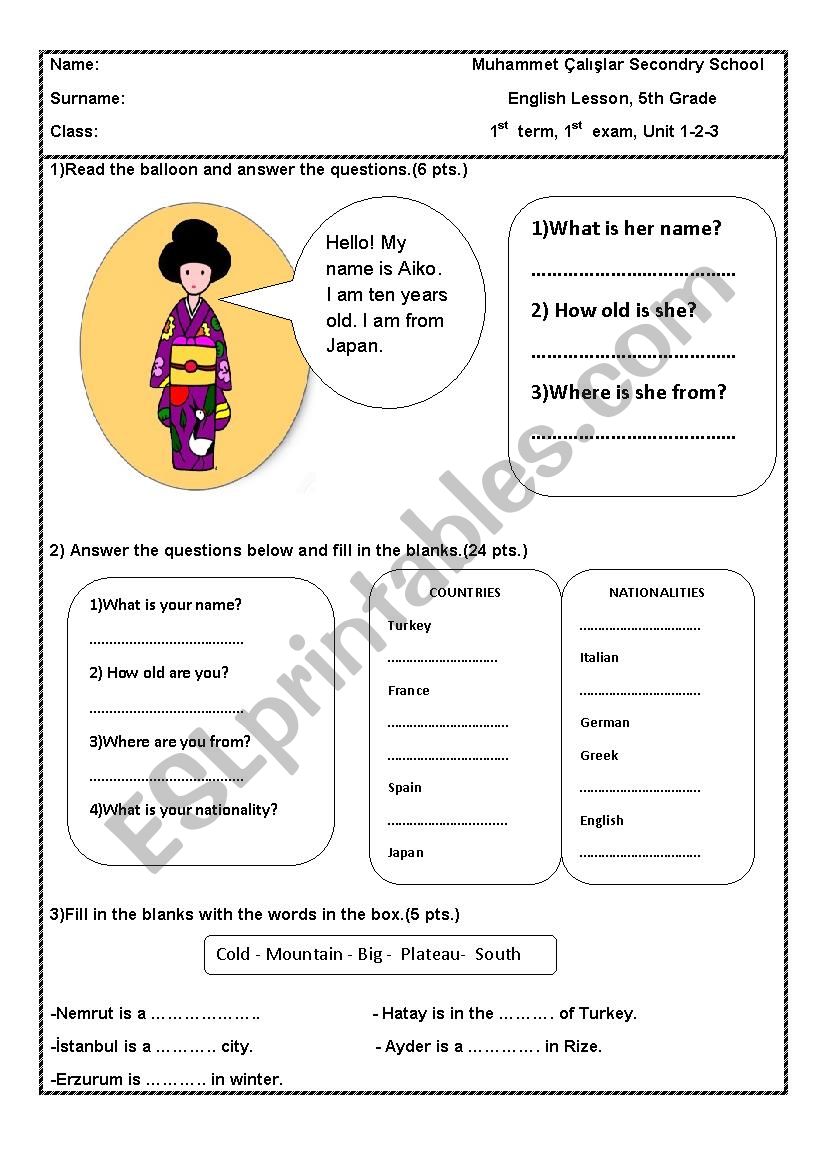 Evaluation for 5th grades worksheet