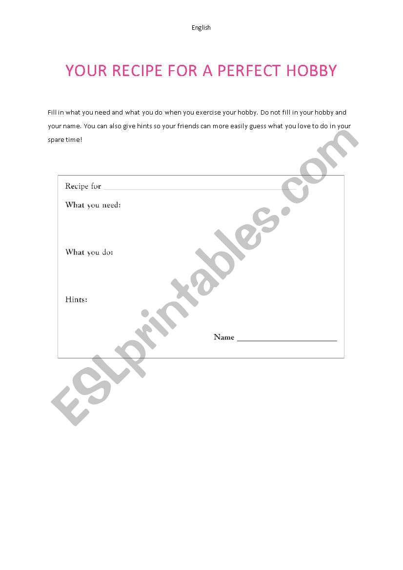 Recipe for a Hobby worksheet