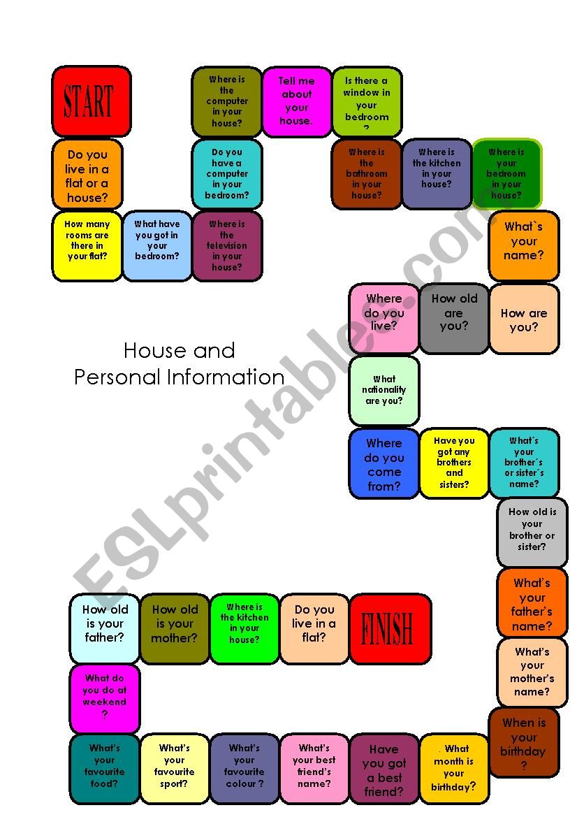 Board game, Personal Information and house. Useful for Trinity exam, grades 2 and 3