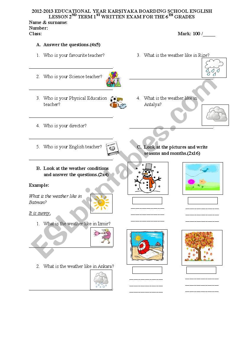 6th grade 1st written exam 1st page