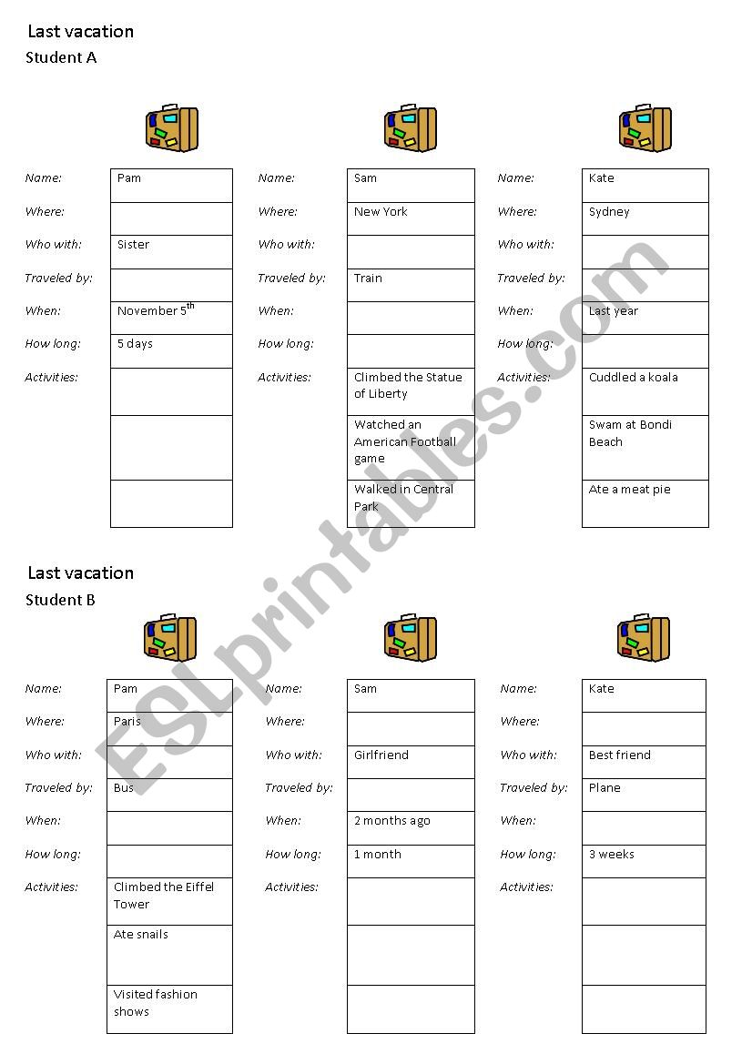 Last vacation - Information gap activity