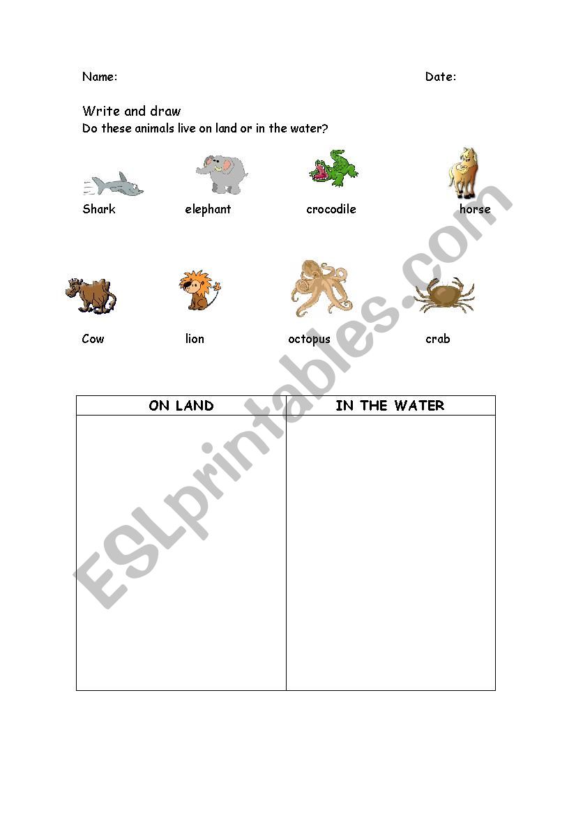 Animals that live on land or in the water - ESL worksheet by sandramarcos