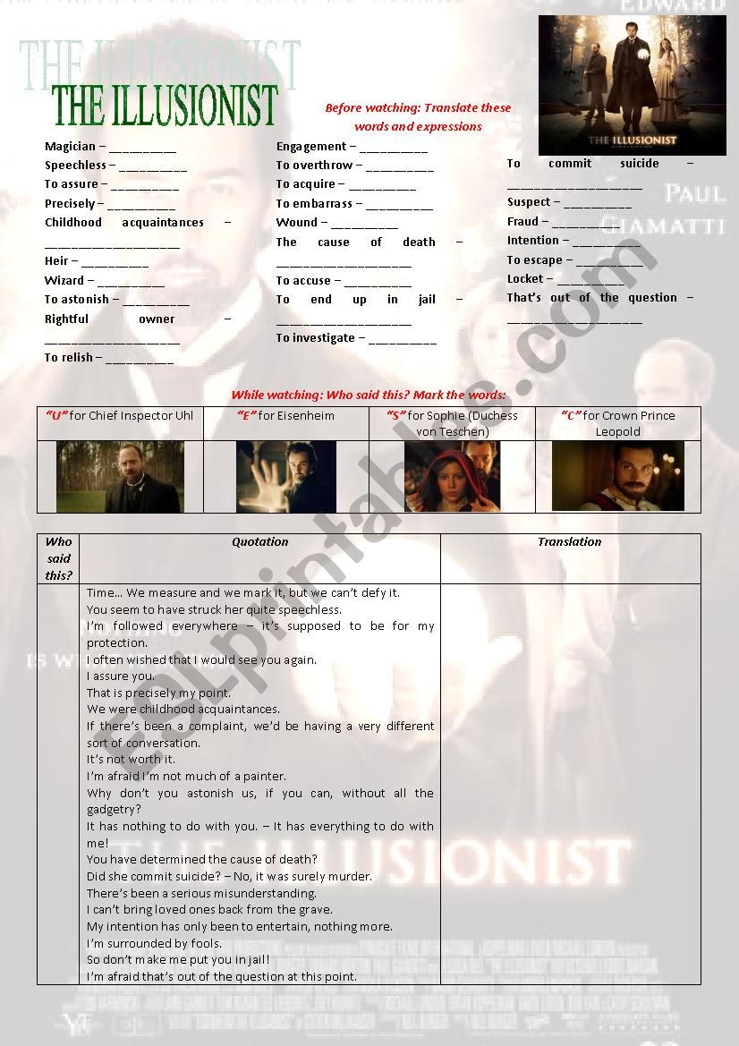 THE ILLUSIONIST full movie worksheet