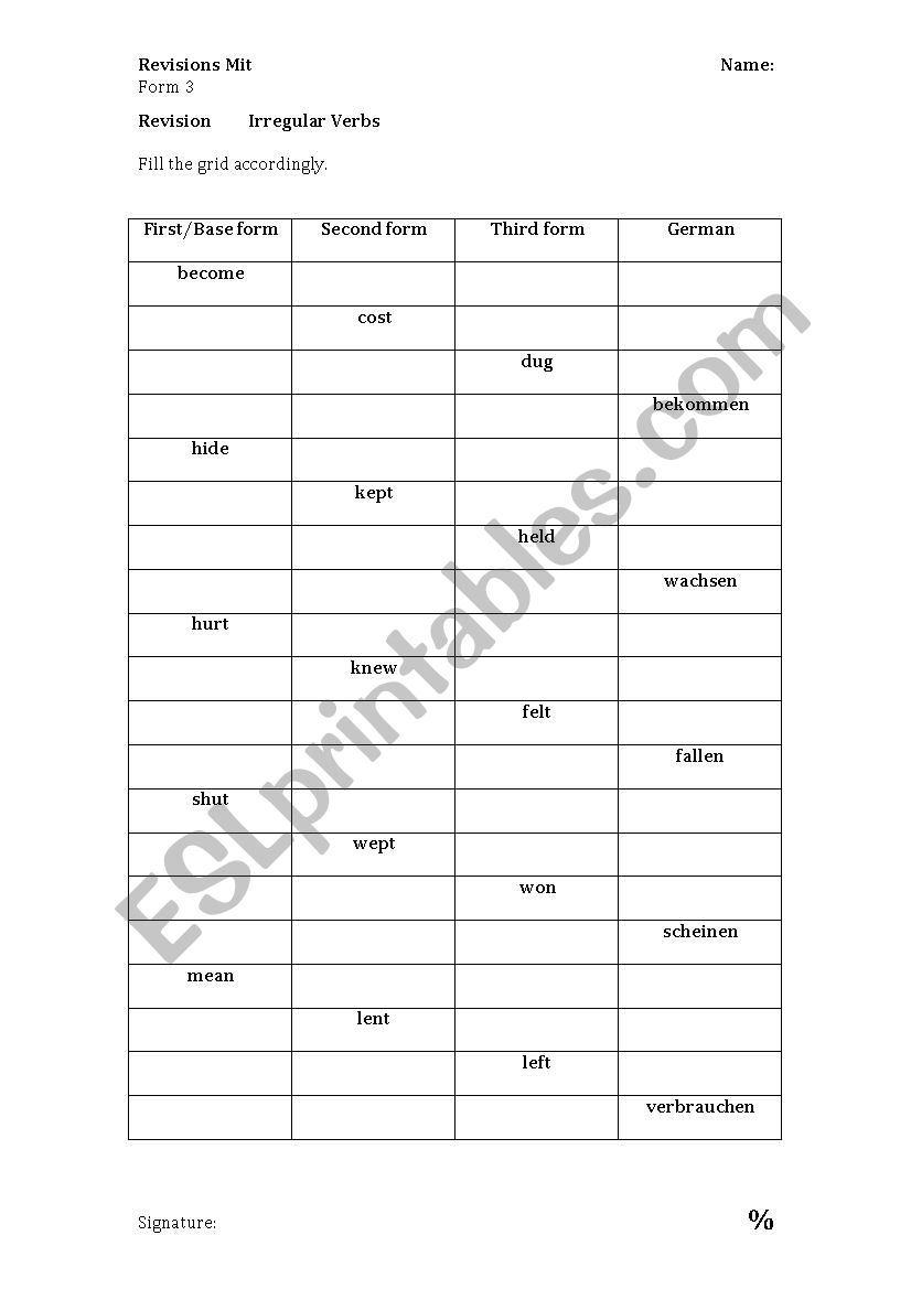 Irregular Verbs. Fill the grid.