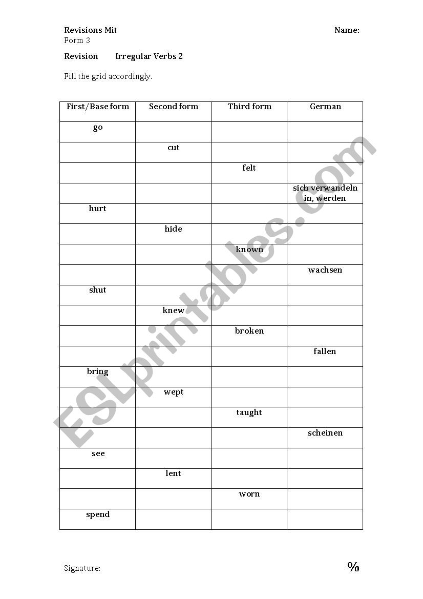 Irregular Verbs 2. Fill the grid.