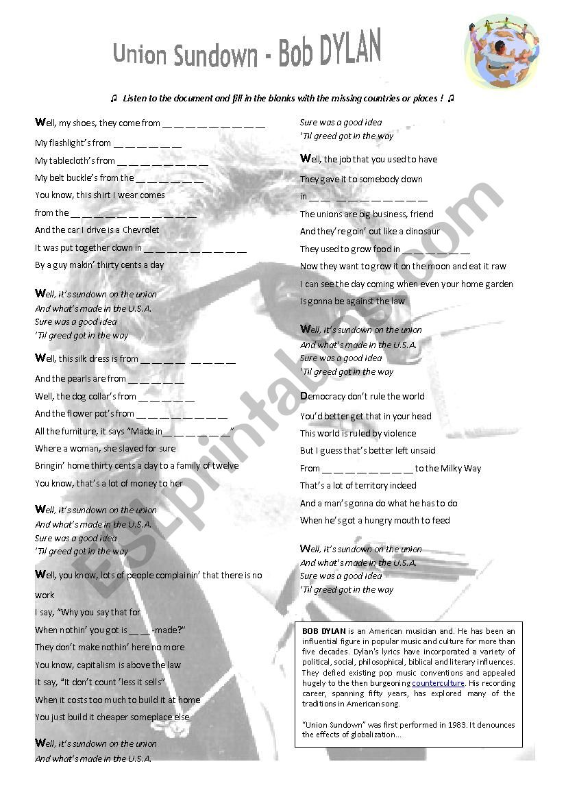 Union Sundown - Bob Dylan worksheet