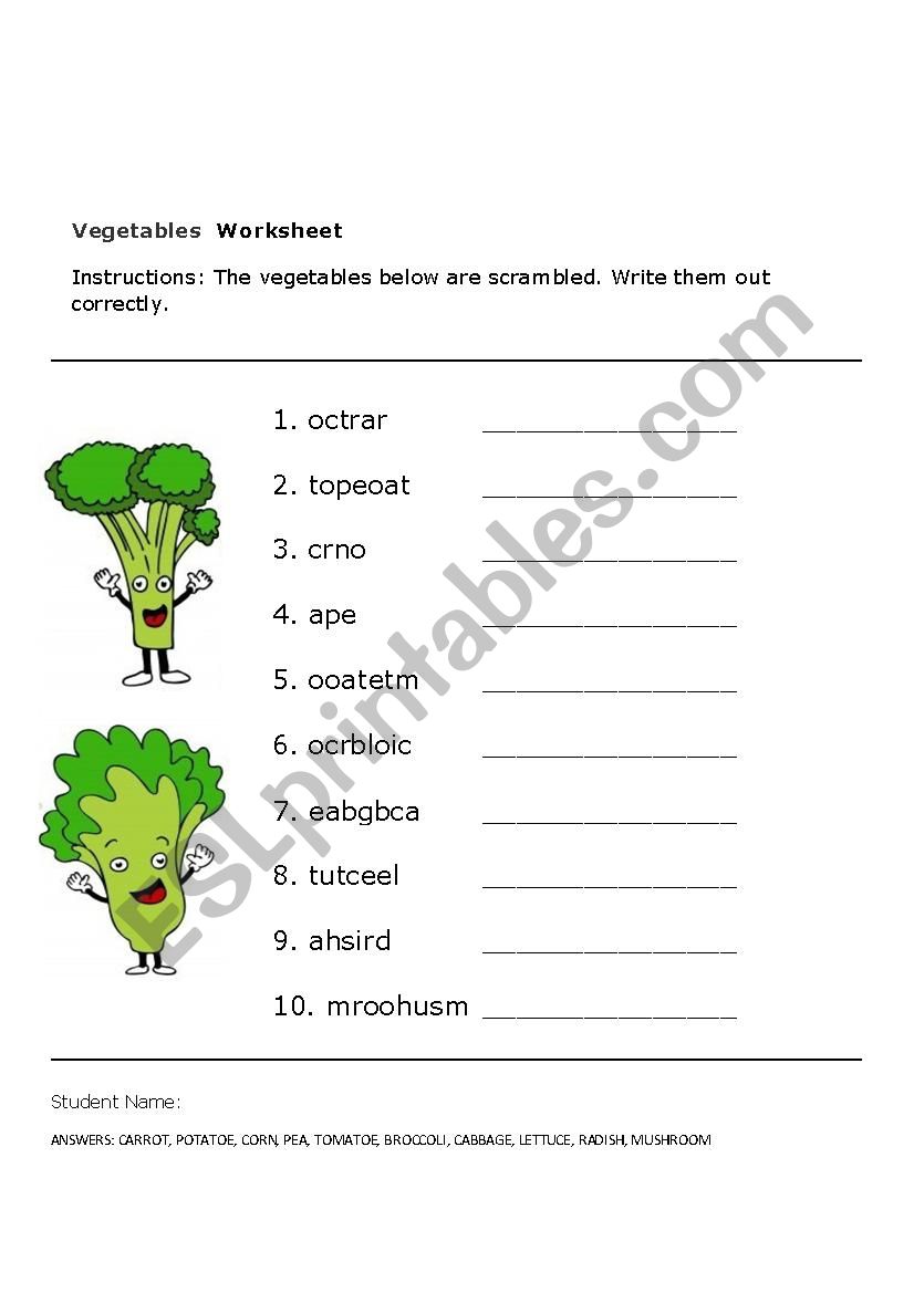 Vegetables Worksheet worksheet