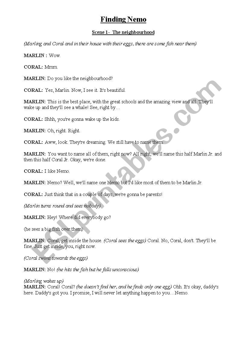 Finding Nemo Play Script worksheet