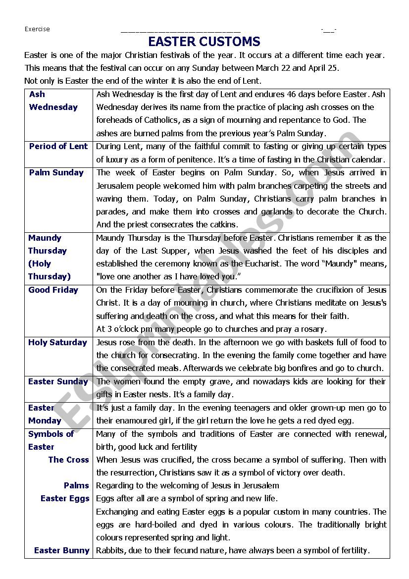 Easter customs worksheet