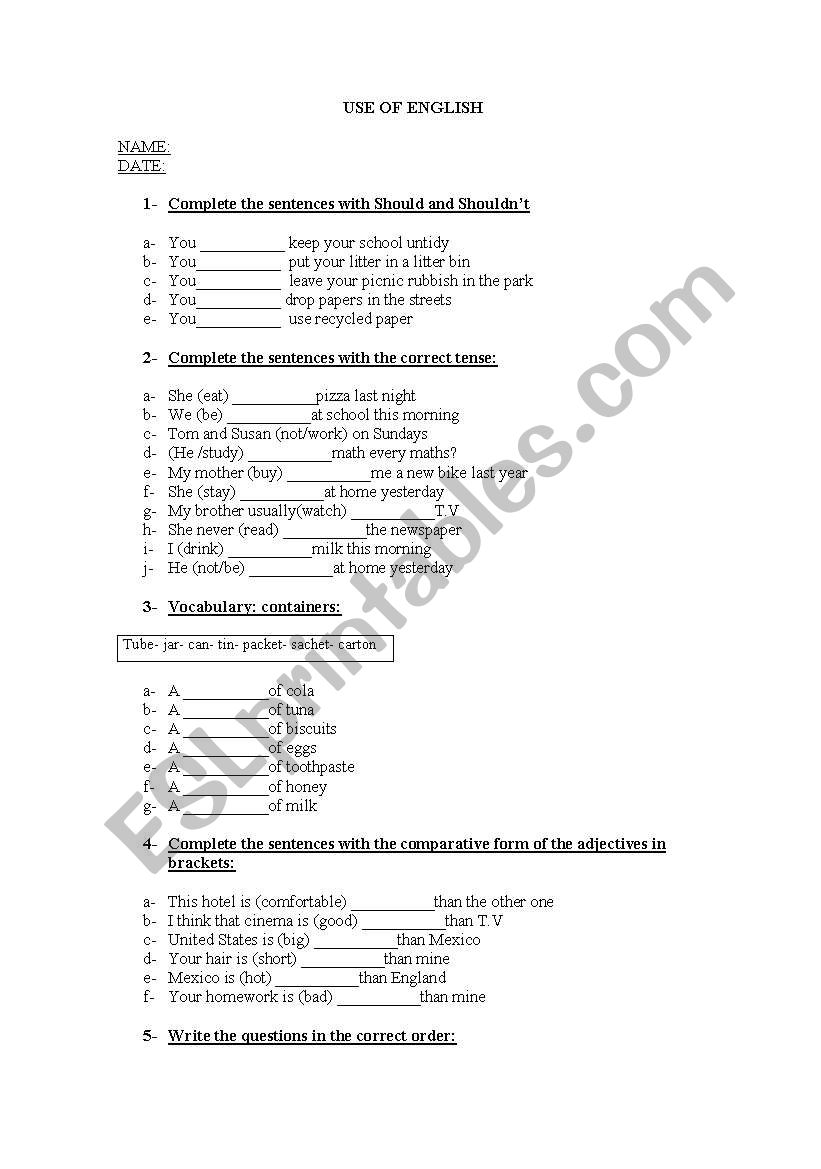 grammar worksheet