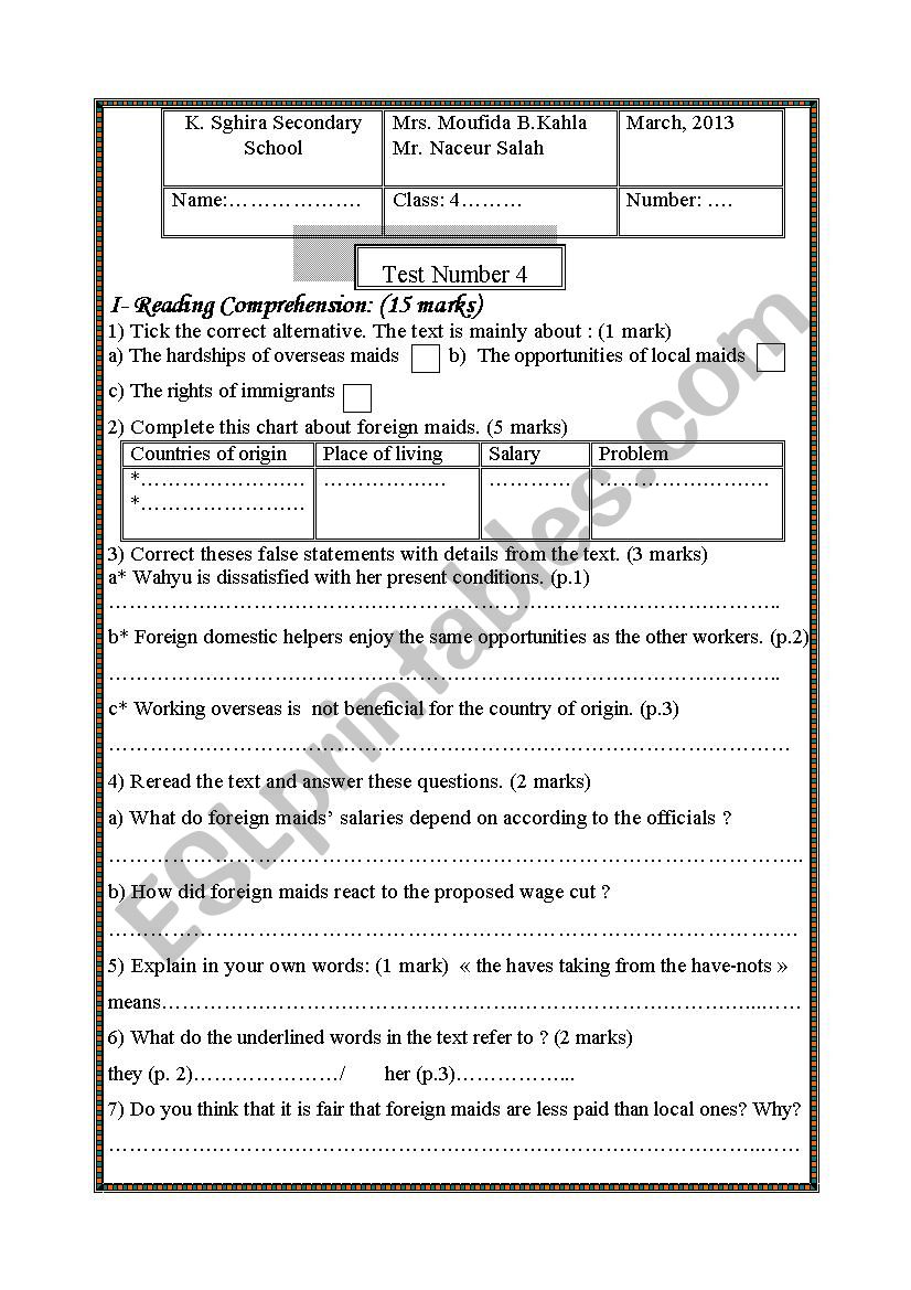 4th form test  worksheet