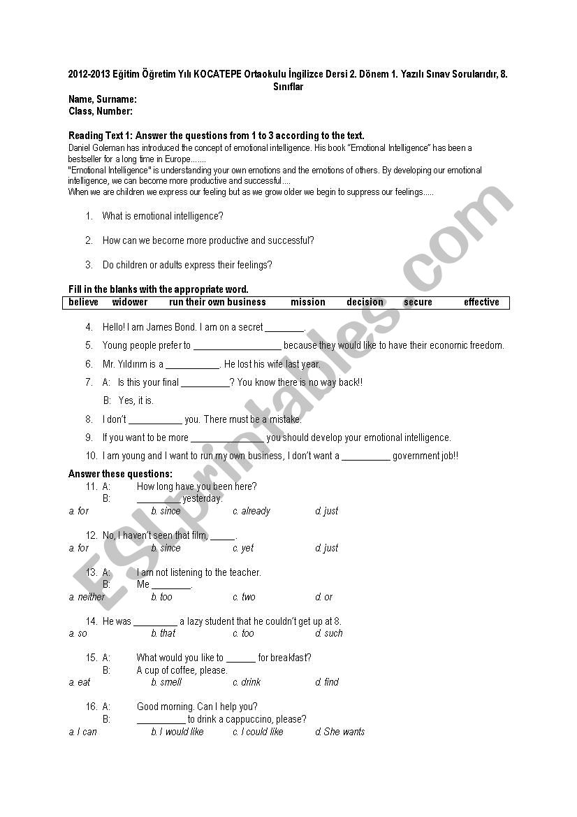 exam paper for 8th grade worksheet