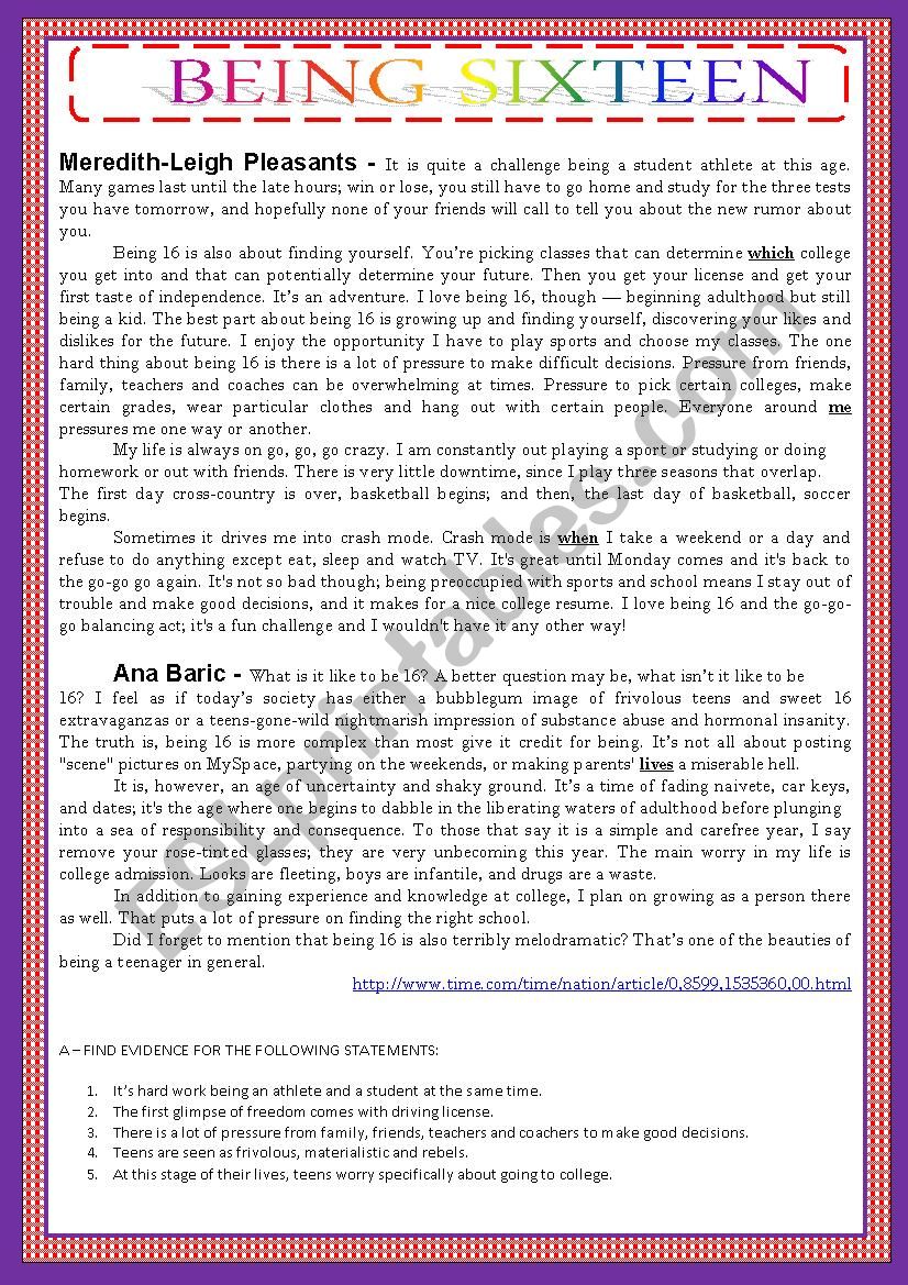 BEING SIXTEEN - SPORTS/SCHOOL/COLLEGE - TEENSÂ´ PROBLEMS