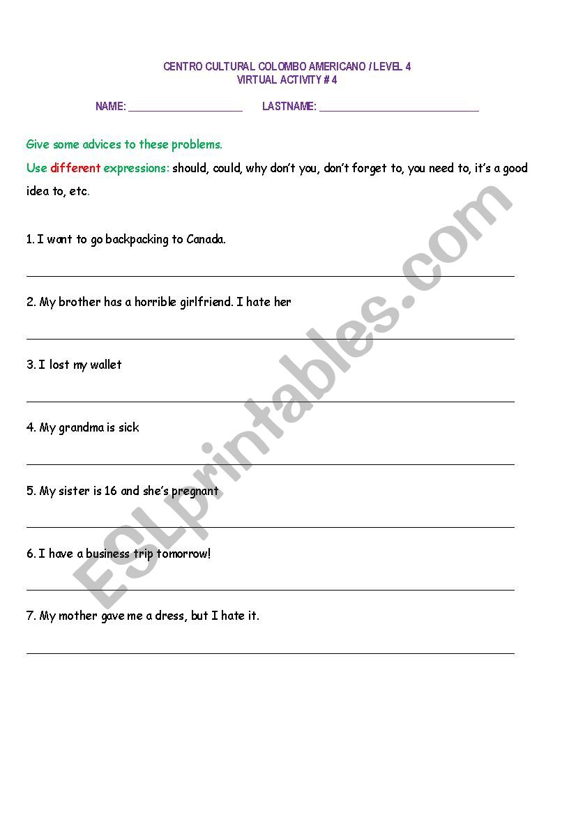 Expressions to give Advices worksheet