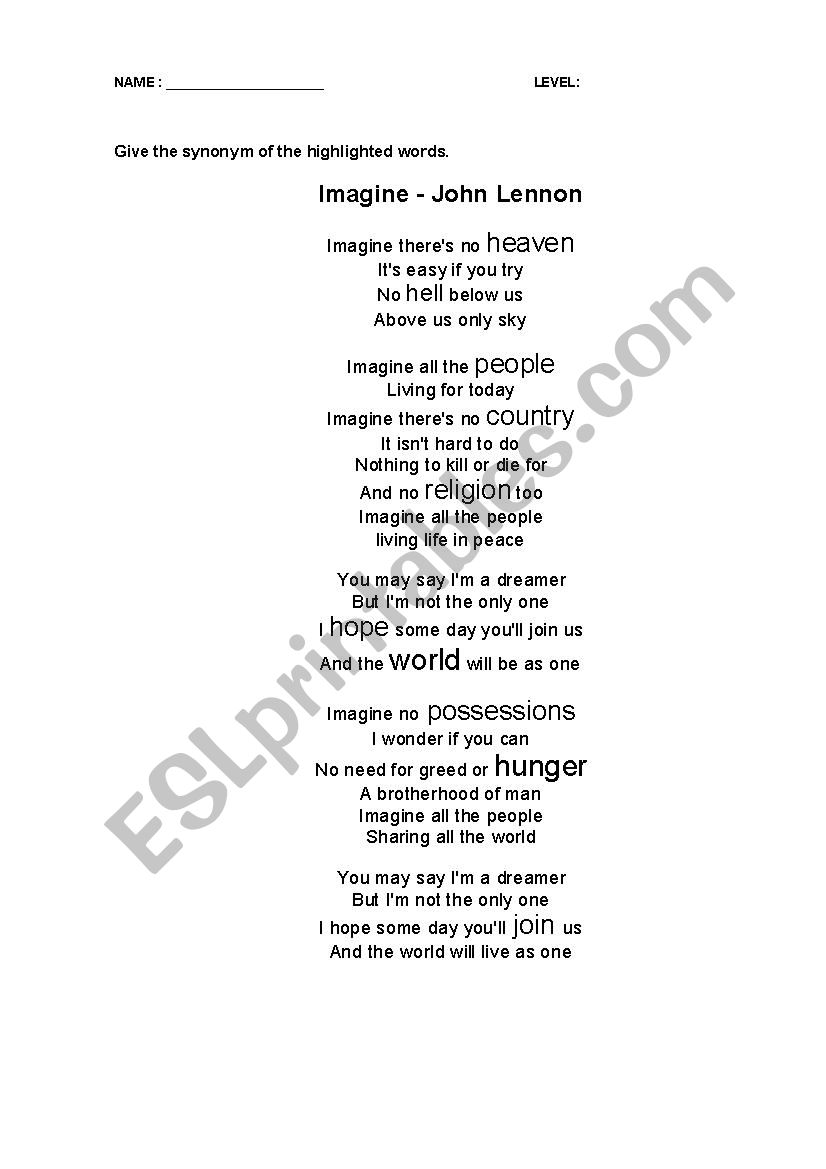 Imagine by John Lennon worksheet