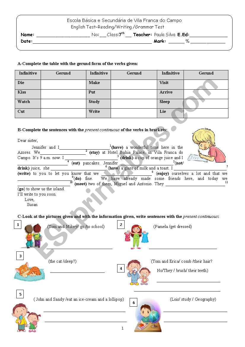 Present continuous test worksheet