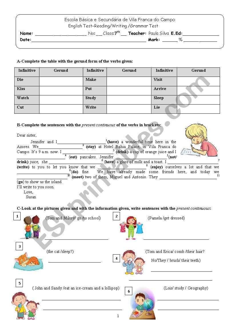 Present continuous test worksheet