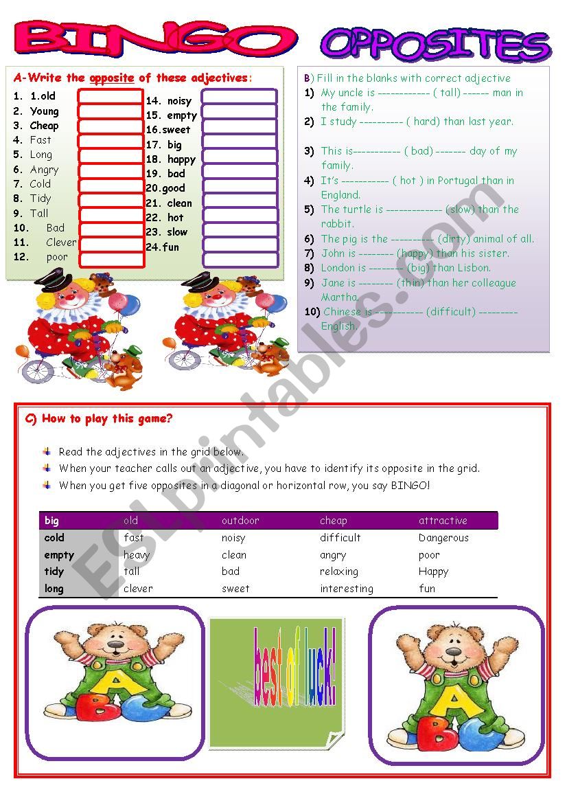 BINGO - ADJECTIVES / OPPOSITES