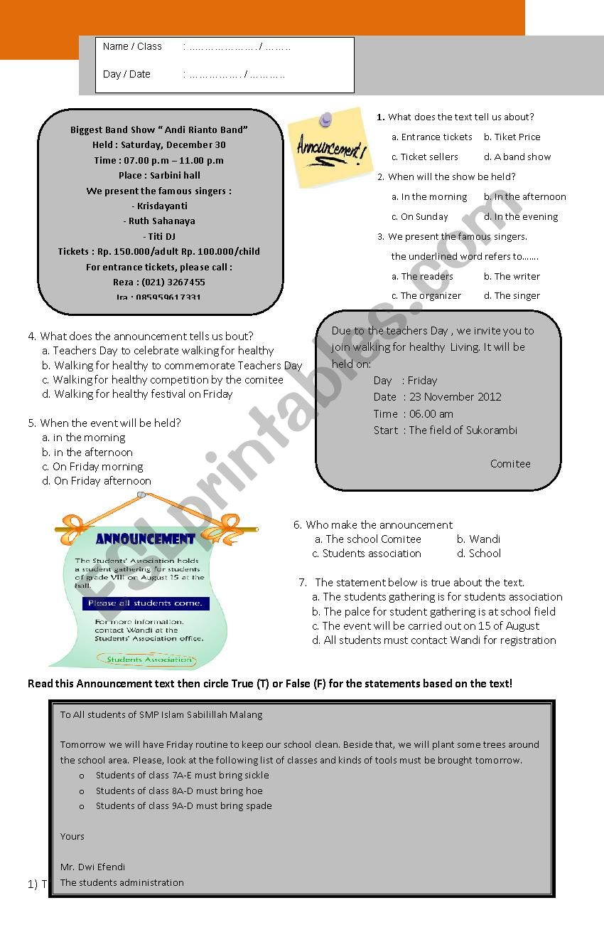 ANNOUNCEMENT TEXT worksheet