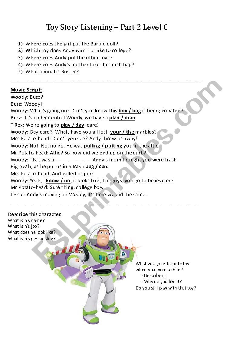 Toy Story Listening Section 3 worksheet