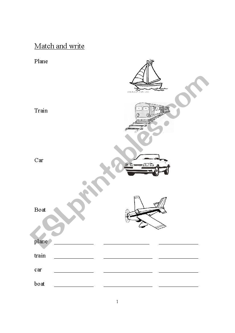 Match and Write - Plane, Train, Boat, Car