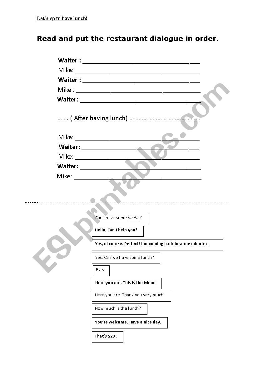 restaurant dialogue worksheet