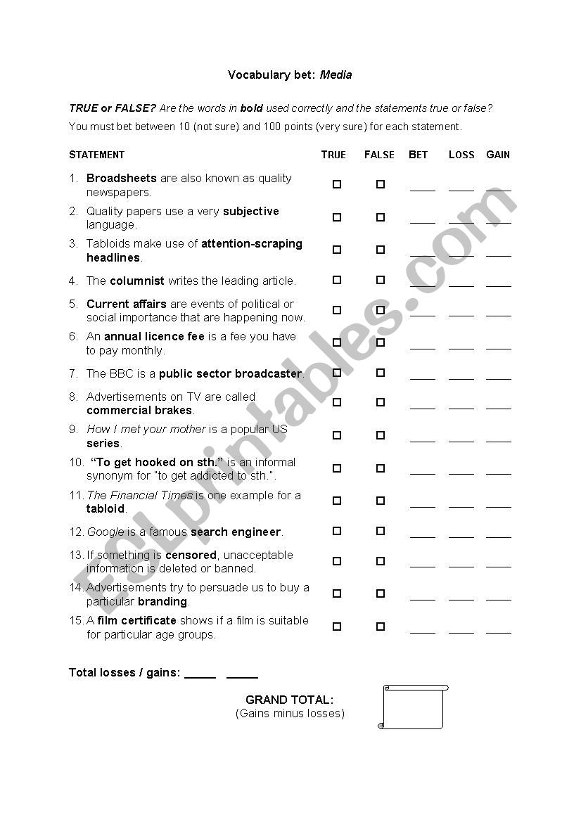 Vocabulary bet: Media worksheet