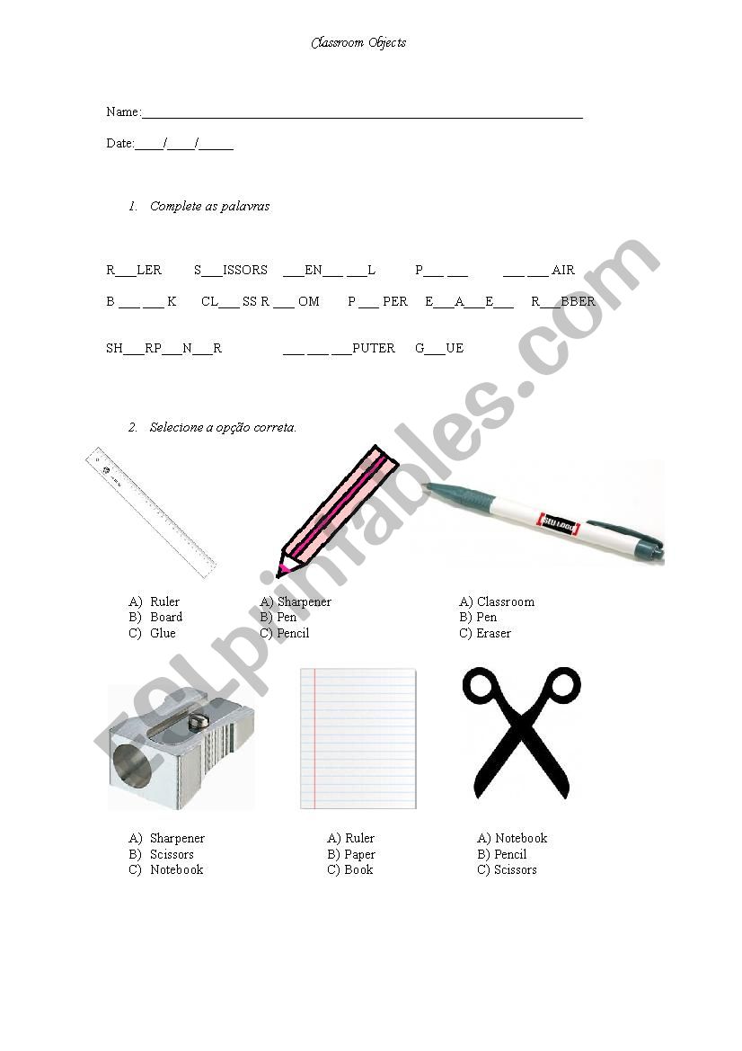 Classroom objects  worksheet