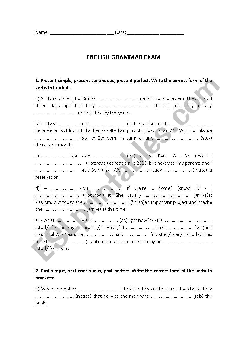 ENGLISH GRAMMAR EXAM --- 8 PAGES + KEY!!