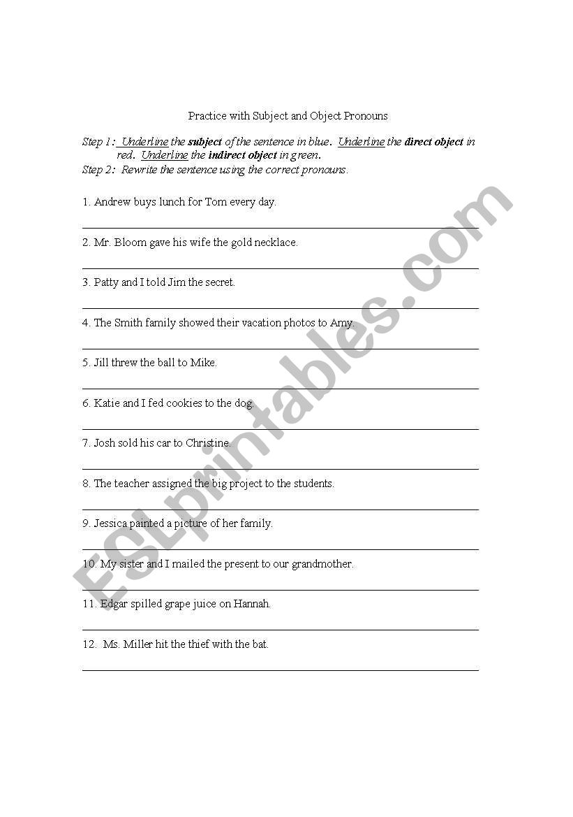 Subject and Object Pronouns, Direct and Indirect Objects