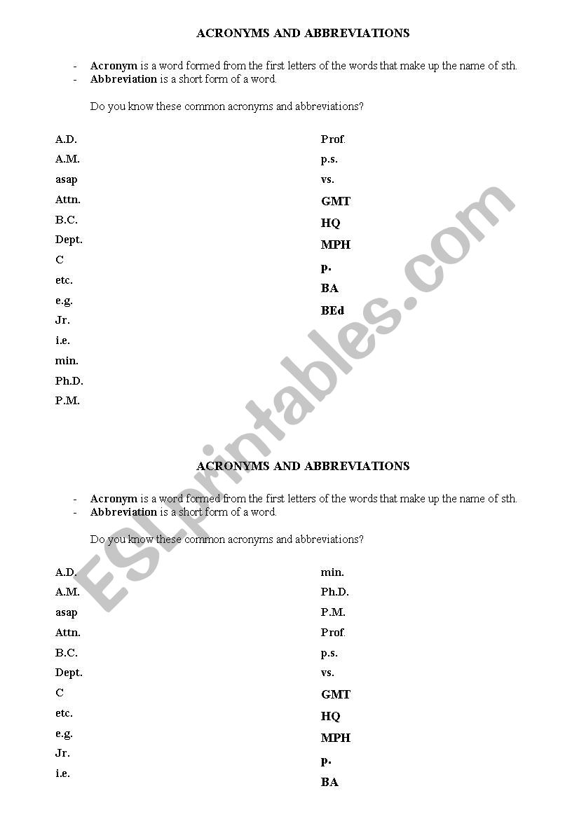 abbreviations worksheet