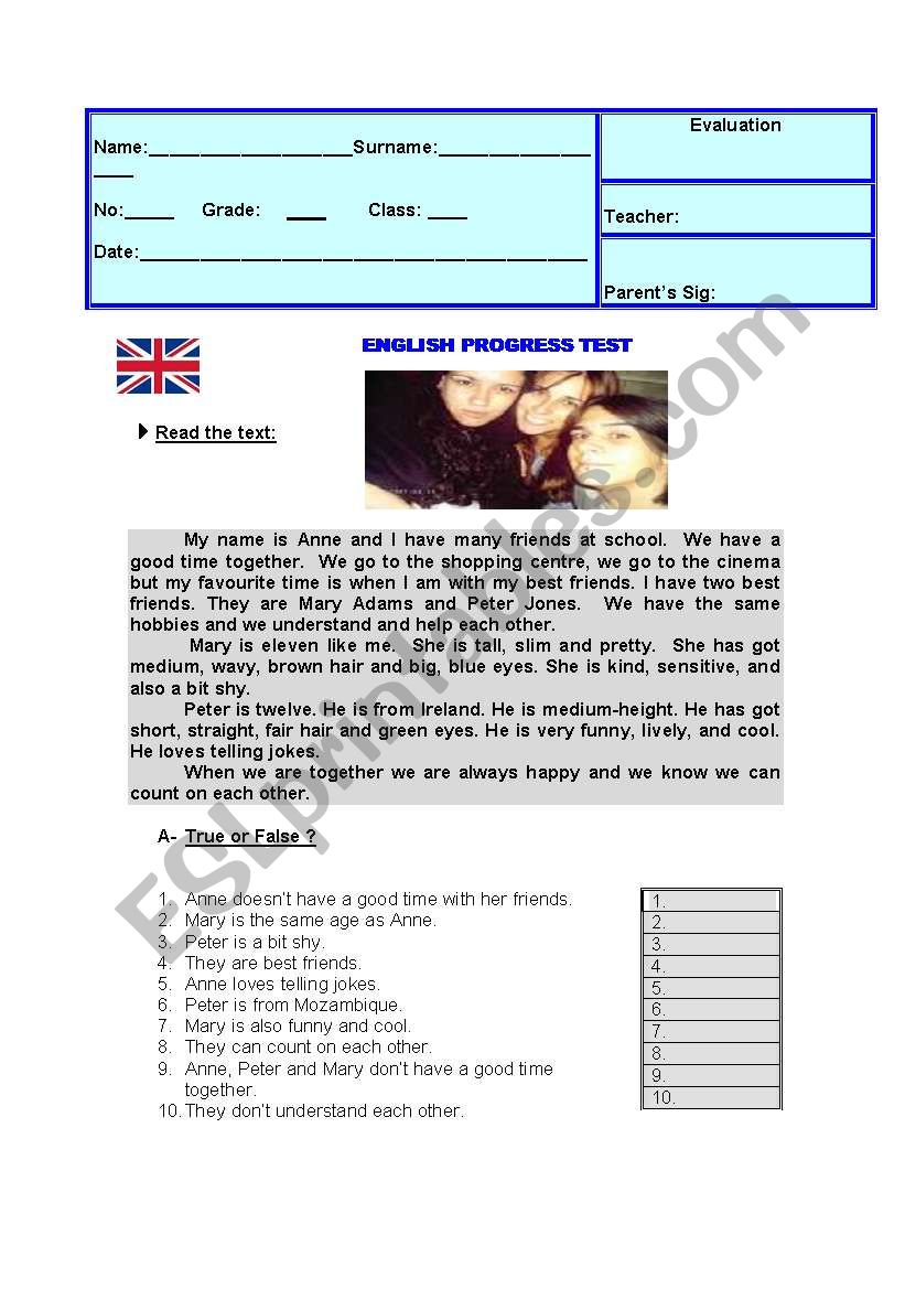 Progress Test worksheet