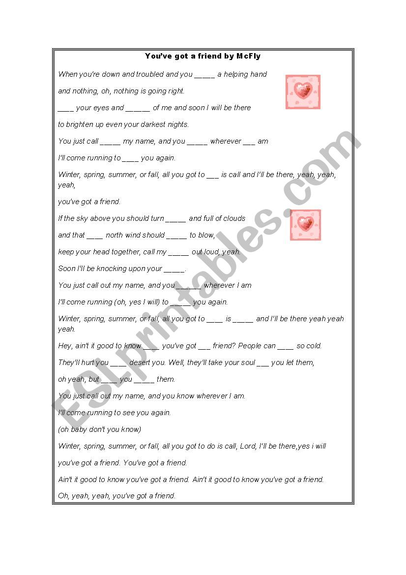 Youve Got a Friend by McFly worksheet